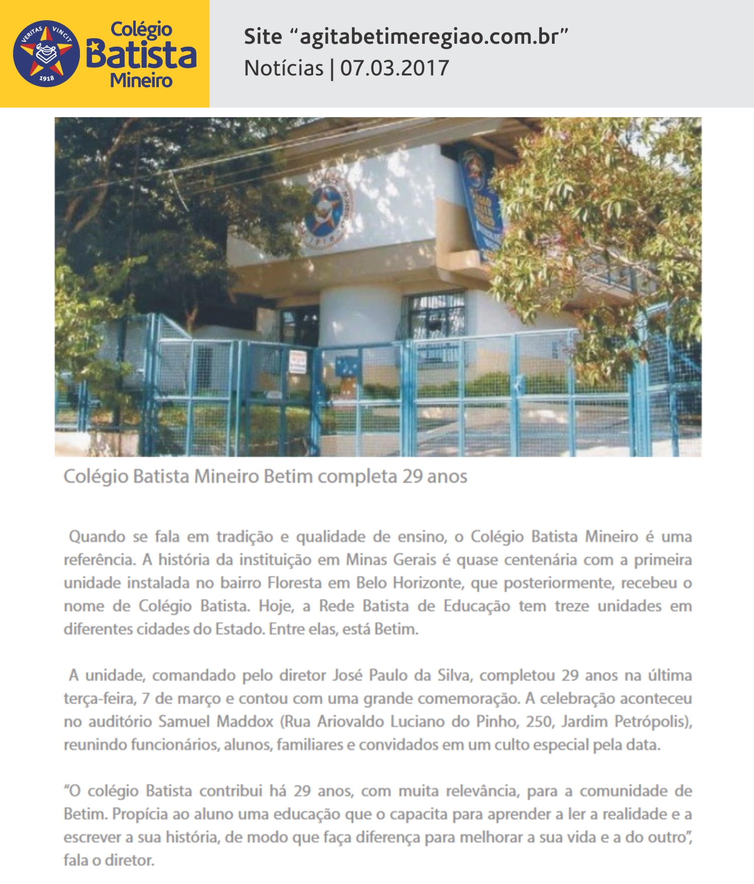 Colégio Batista Mineiro Betim completa 29 anos (Site Agita Betim e ...
